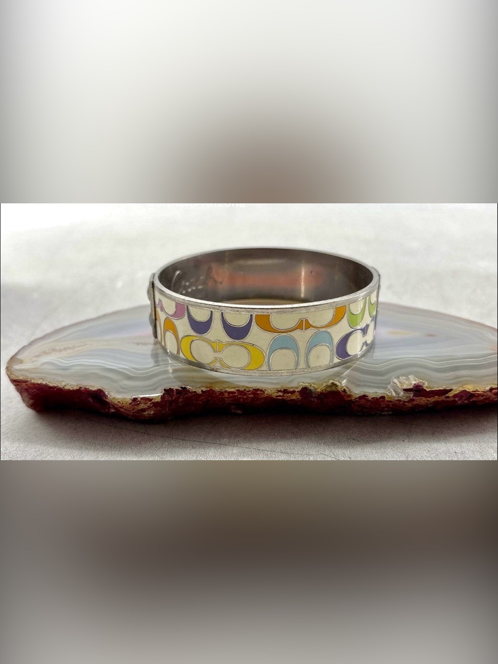 Coach Silver Enamel Bangle with Multicolor Signature Pattern - Picture 1 of 5